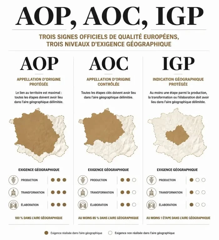 Schéma comparatif du système des appellations d'origine régionales en Europe entre AOP, AOC et IGP