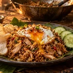 Plat indonésien nasi goreng maison avec sambal et krupuk