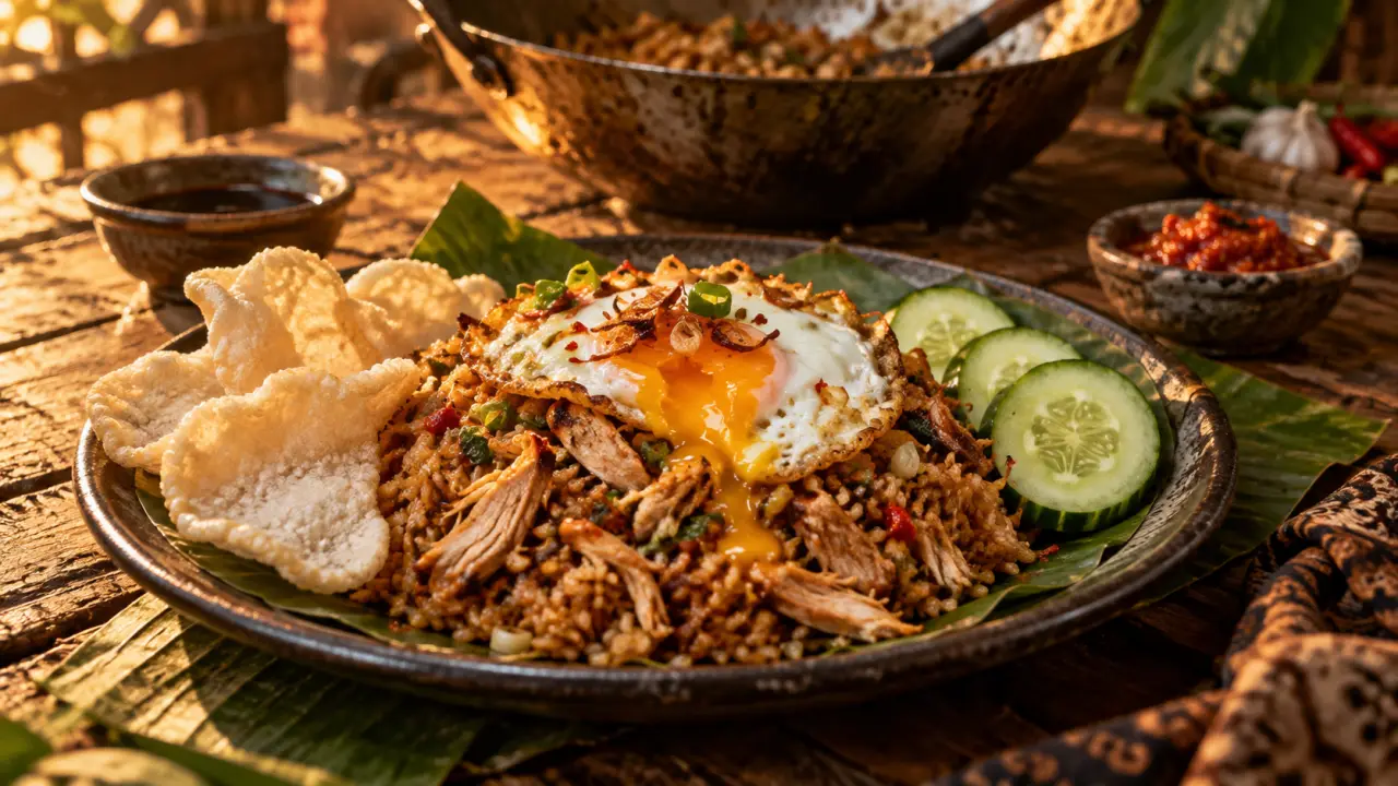 Plat indonésien nasi goreng maison avec sambal et krupuk