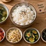 Repas coréen : bol de riz, banchan et étiquette sur table en bois