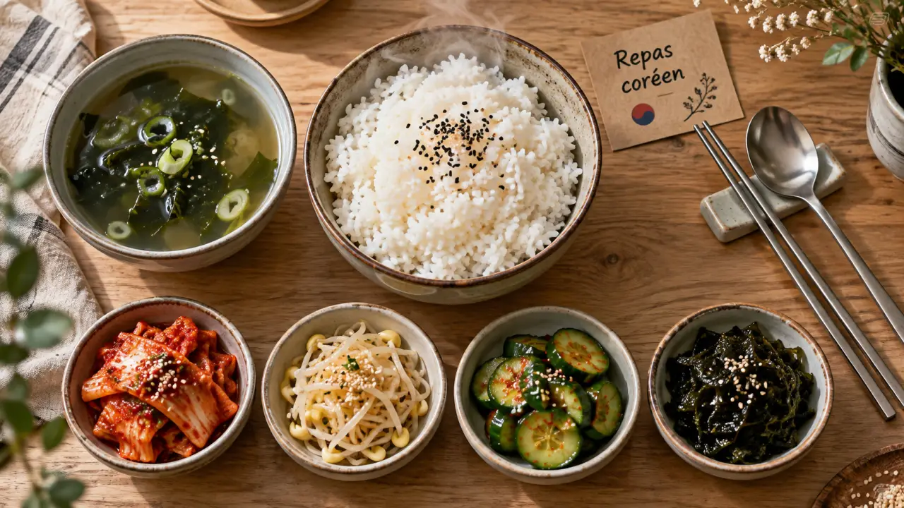 Repas coréen : bol de riz, banchan et étiquette sur table en bois