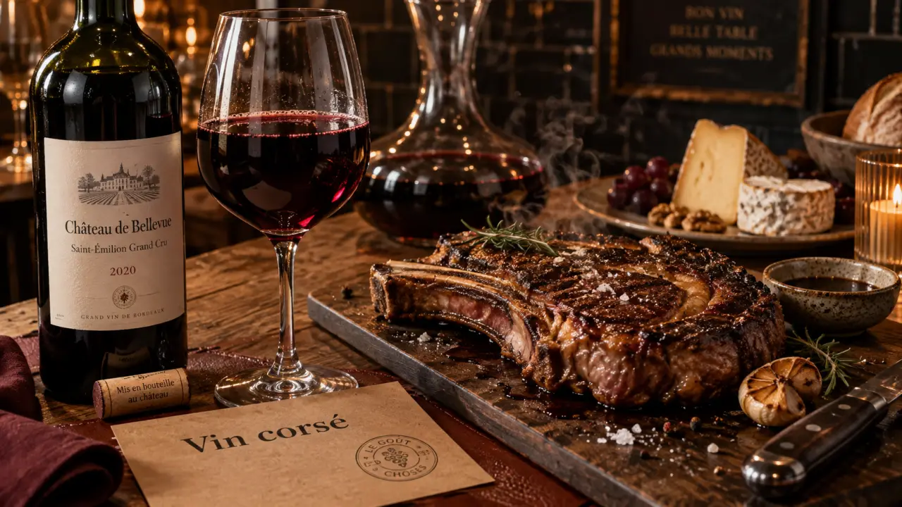 Vin rouge corsé : bouteille, verre et côte de bœuf pour accords tanins