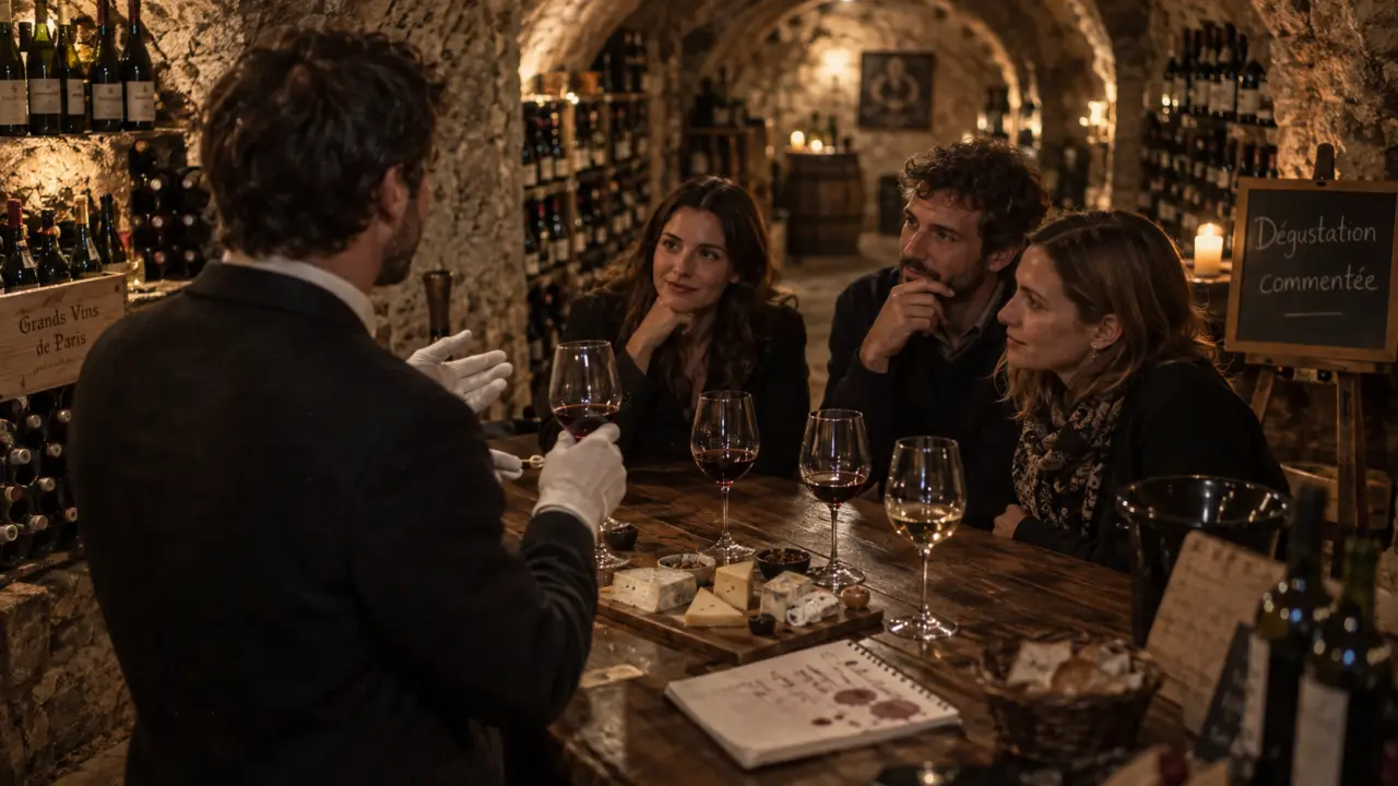 Degustation vin paris en cave historique, verres et fromage