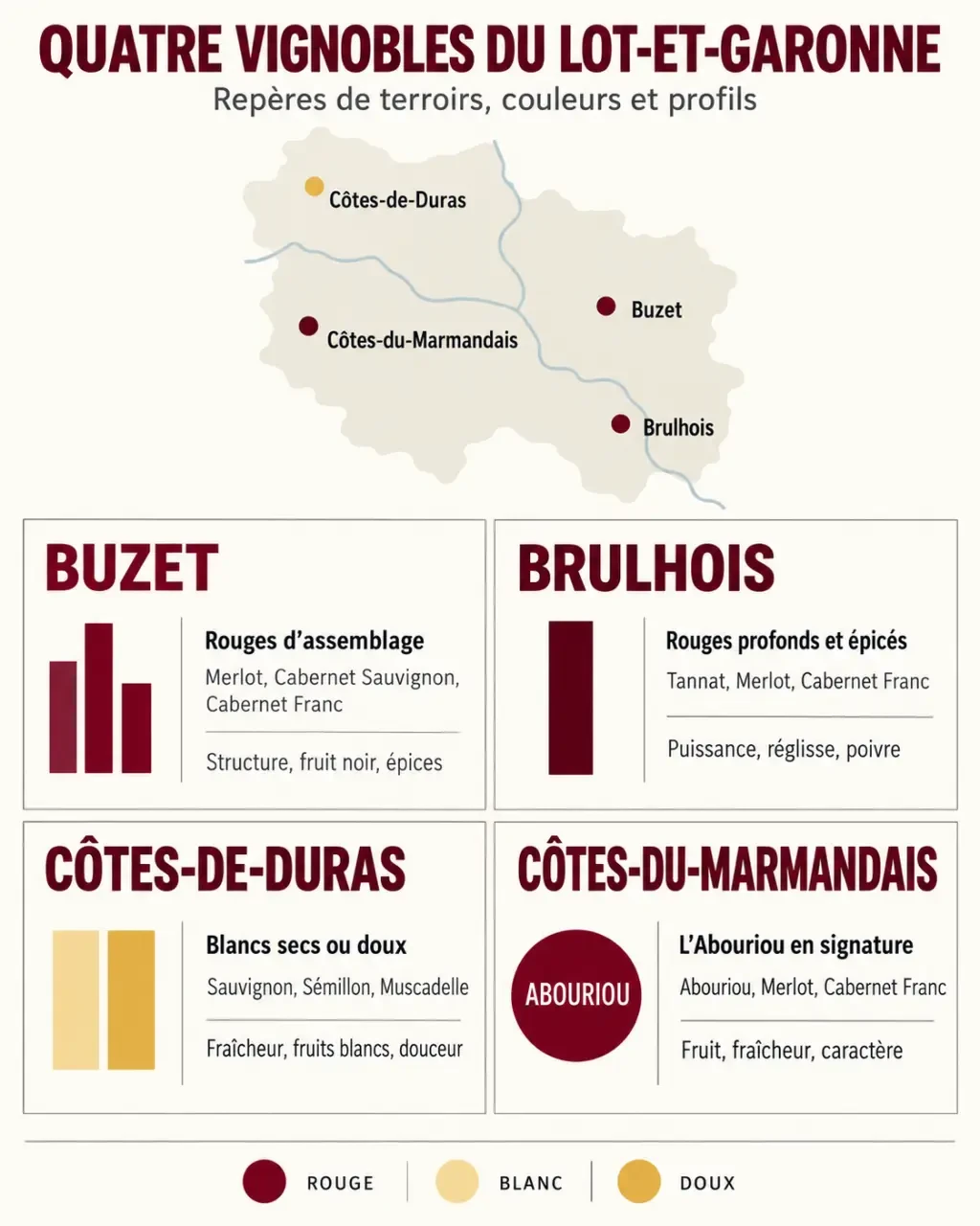Infographie des meilleurs vins du Lot-et-Garonne et de leurs quatre vignobles principaux