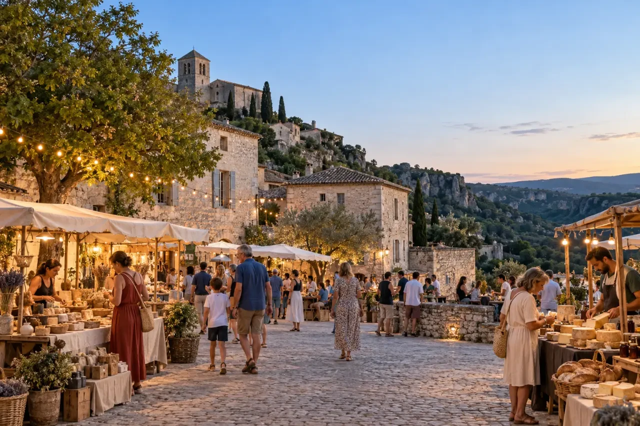 Marché nocturne parmi les plus beaux marchés en Ardèche dans une place de village en été