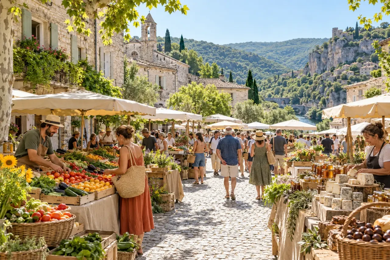 Les plus beaux marchés en Ardèche avec des étals de produits locaux dans un village ardéchois