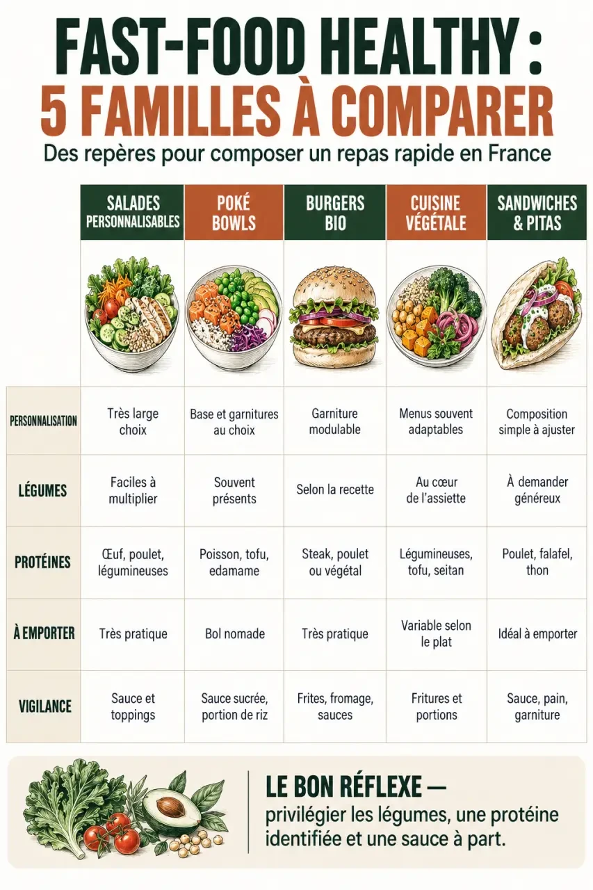 Fast food healthy chaînes : comparaison des salades, pokés, burgers bio, repas végétaux et sandwiches
