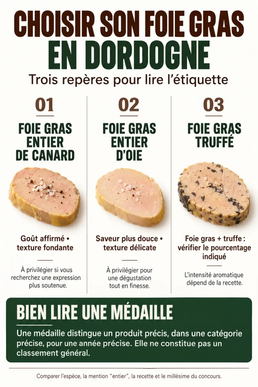 Infographie pour choisir le meilleur foie gras Dordogne entre canard, oie et foie gras truffé