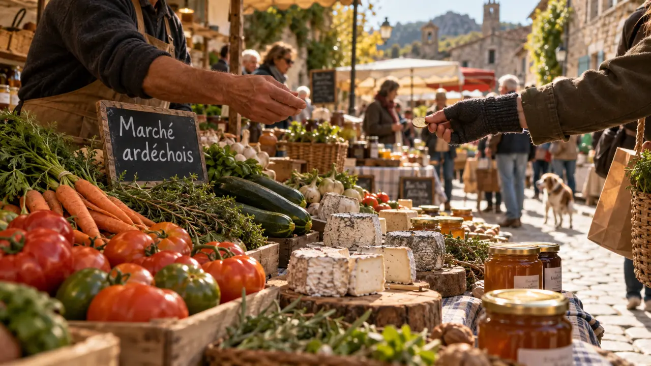 Les plus beaux marchés en Ardèche : étal de légumes et fromages sur un marché