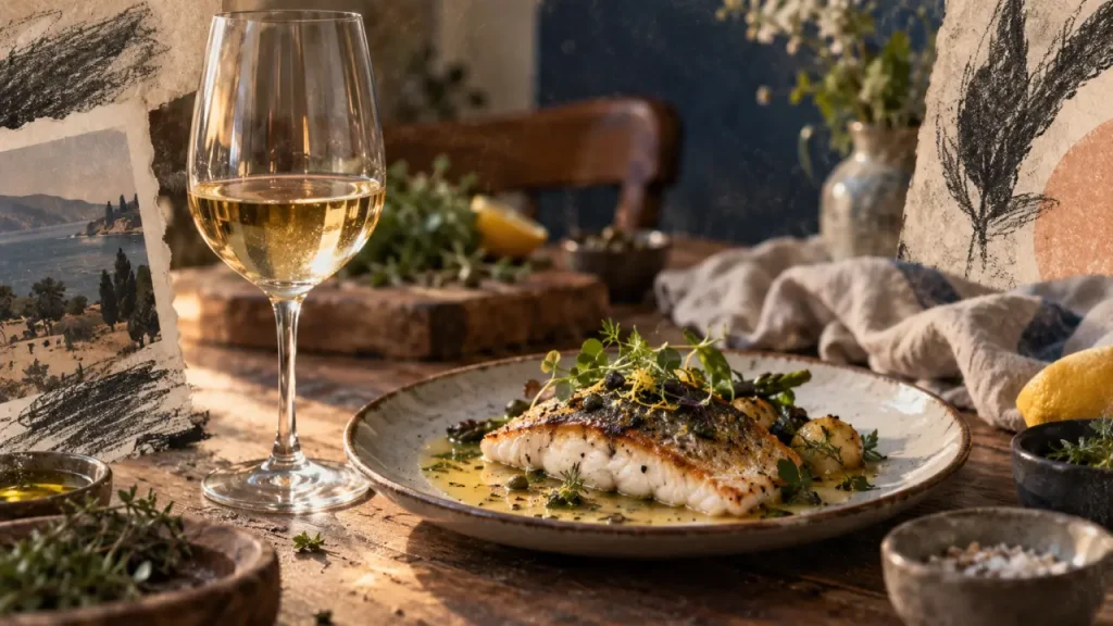 Pinot gris accompagnement : verre et poisson au beurre citronné