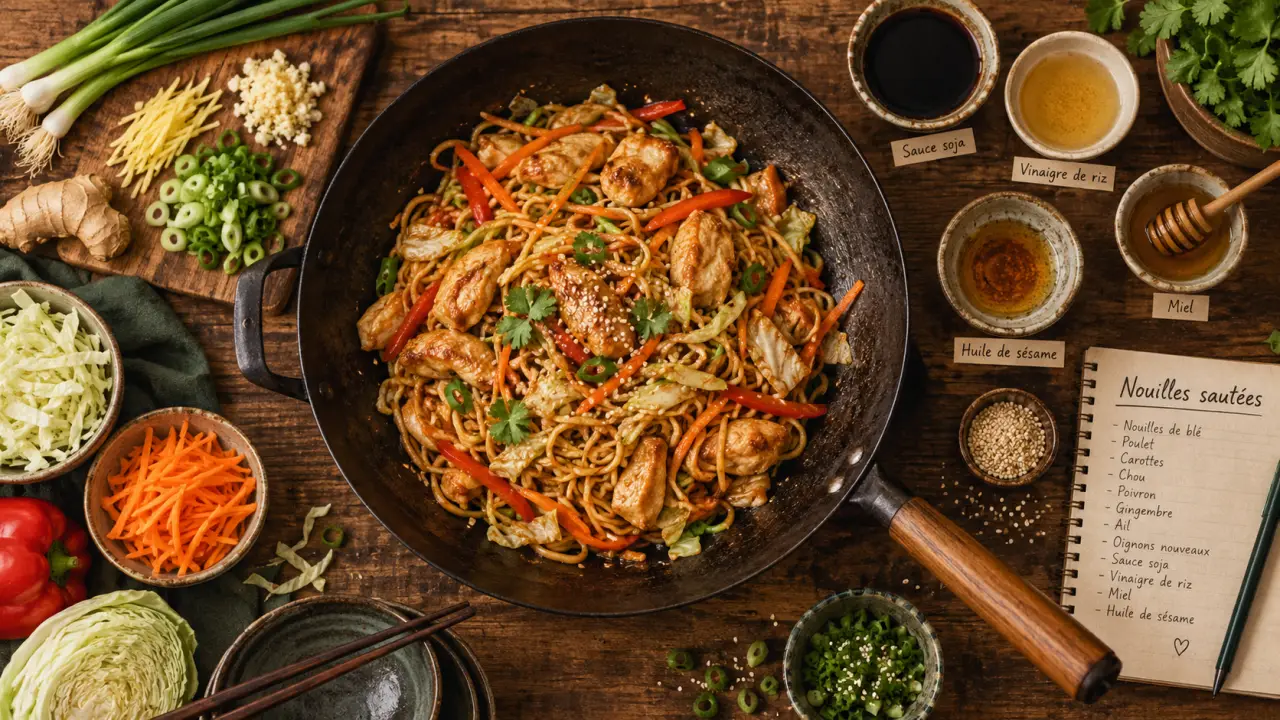 Recettes cuisine chinoise traditionnelle : wok noir, nouilles sautées, poulet et légumes