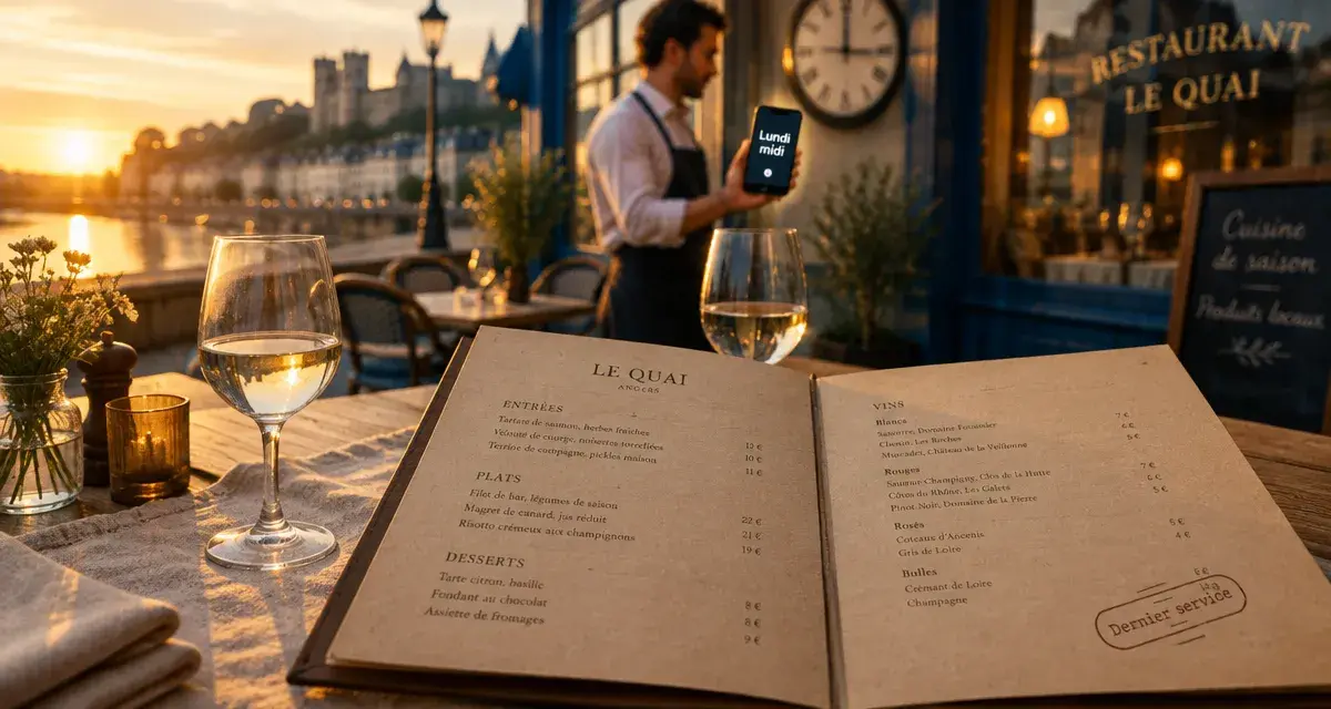 Restaurant ouvert lundi Angers : serveur vérifie le service avant de vous déplacer