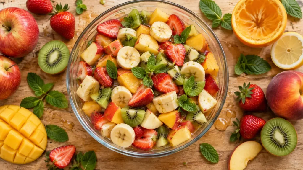 Salade au fruit recette, fruits frais en cubes, jus léger