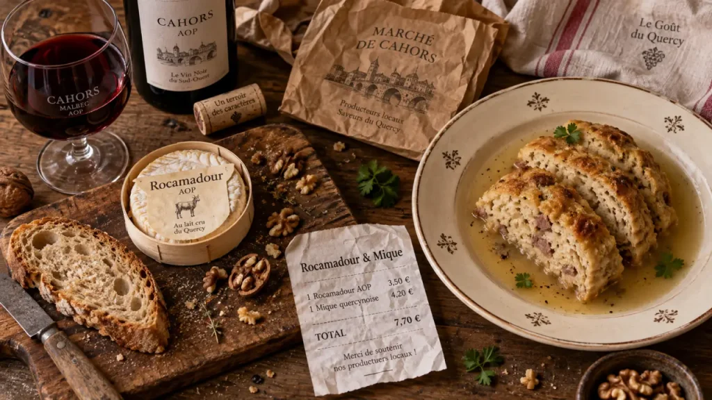 Spécialités du Lot : Rocamadour AOP et mique quercynoise, vin de Cahors