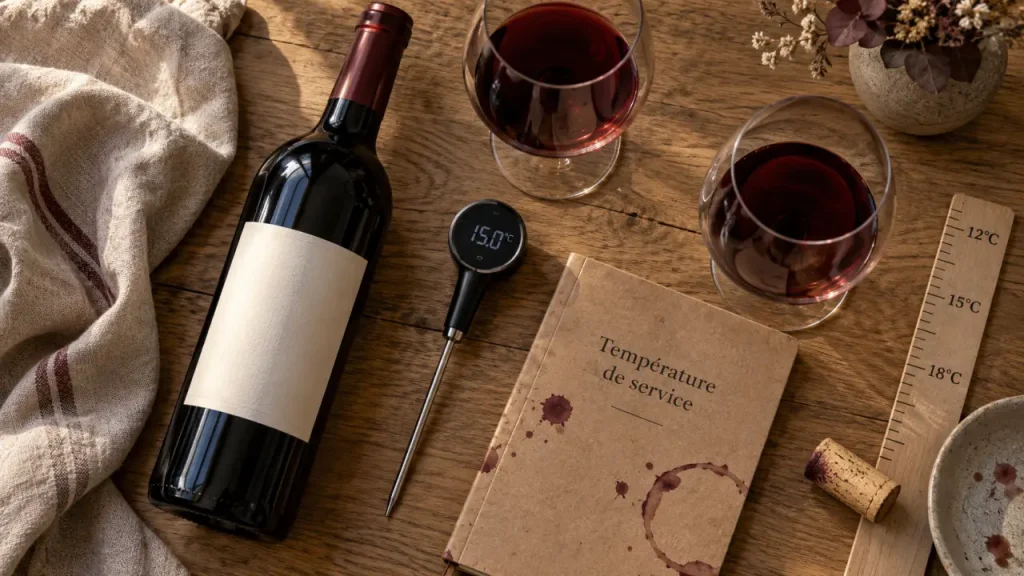 Température d un vin rouge : bouteille et thermomètre, 20°C