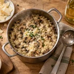Vin blanc cuisine : bouteille de vin blanc sec avec risotto aux champignons