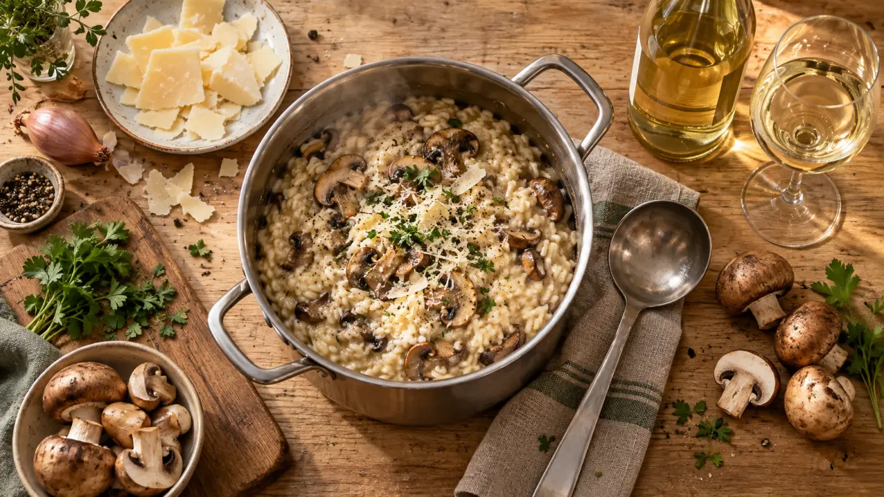 Vin blanc cuisine : bouteille de vin blanc sec avec risotto aux champignons