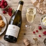 Vin pétillant en bulles, bouteille et verre sur table en bois
